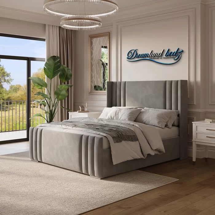 2025 Manhattan Wingback Bed Frame In Plush Grey Side Angle View