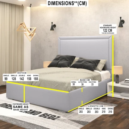 Alexis Luxuries Upholstered Bed Frame With Optional Ottoman Storage Dimesnion Sizes
