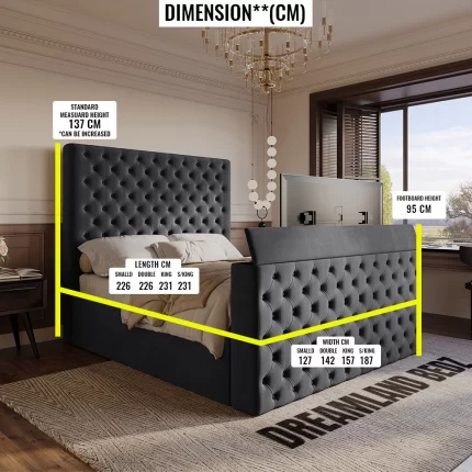 Dreamlabd Luxury Platinum Chesterfield Tv Bed Standered Dimenion Sizes