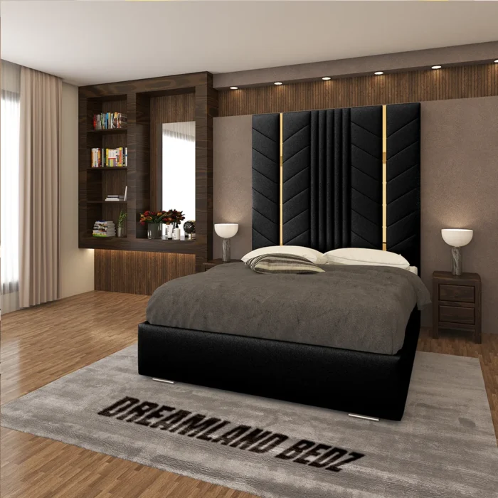 Luxurious Golden Pyramid Bed In Black Plush With Optional Ottoman Storage Show