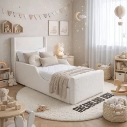 Olivia Wingback Kids Bed Teddy Boucle Cream Home Assemble