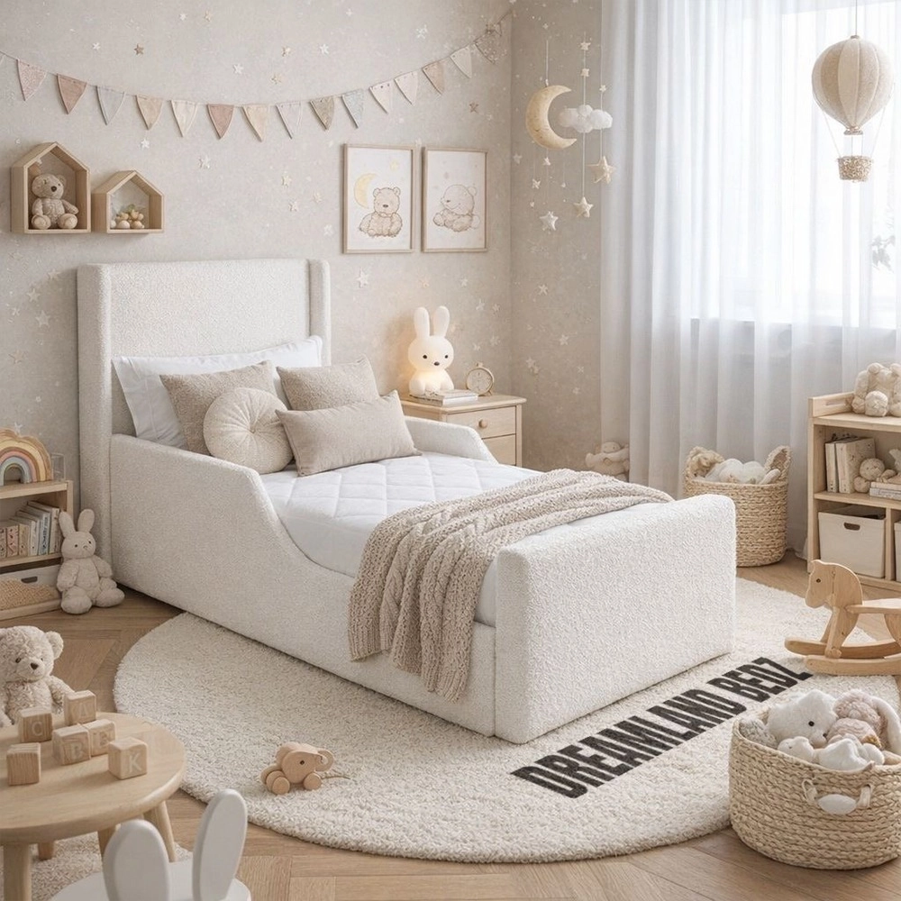 Olivia Wingback Kids Bed Teddy Boucle Cream Home Assemble