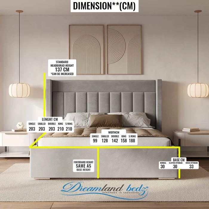 Brooklyn Wingback Bed Frame Dimension Sizes Chart