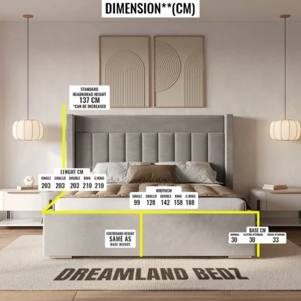 Brooklyn Wingback Bed Frame Side Dimension Sizes
