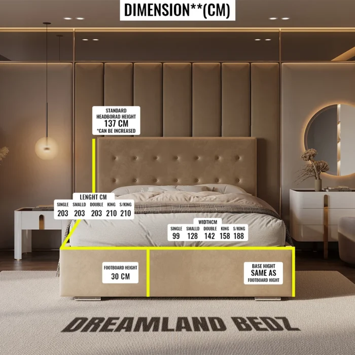 Florence Bed Frame With Optional Ottoman Storage Dimension Sizes