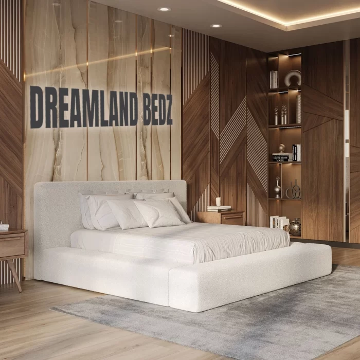 Marshmallow Cloud Teddy Cream Boucle Bed Left Side View In Room