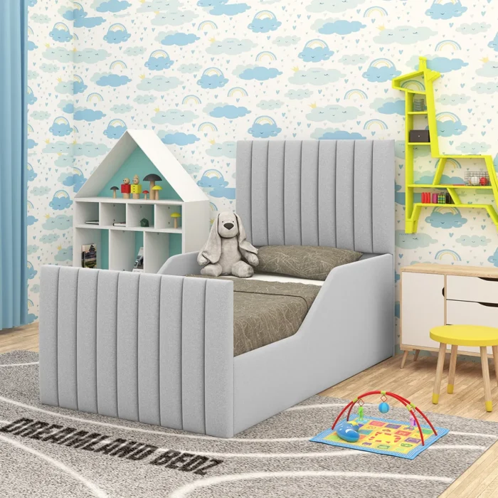 Osaka Linear Upholstered Single Bed With Safety Side Panels Grey Colour