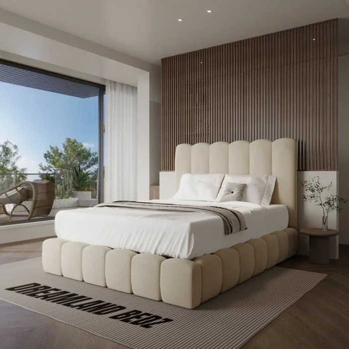 Oslo Cream Teddy Boucle Panel Bed Frame Side View
