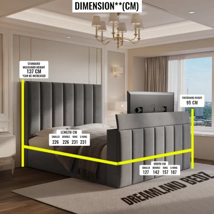 Sherlock Light Grey Velvet Electric Media Tv Bed Uk Dimension Sizes