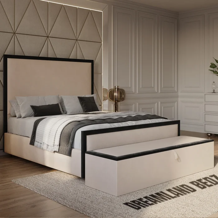 Washington Bed Frame With Black And Cream Plush Fabric Bed Left View