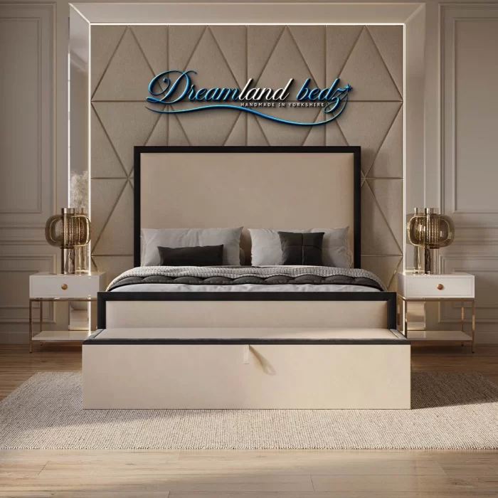 Washington Bed Frame With Black Plush And Cream Plush Fabric Front View In Room